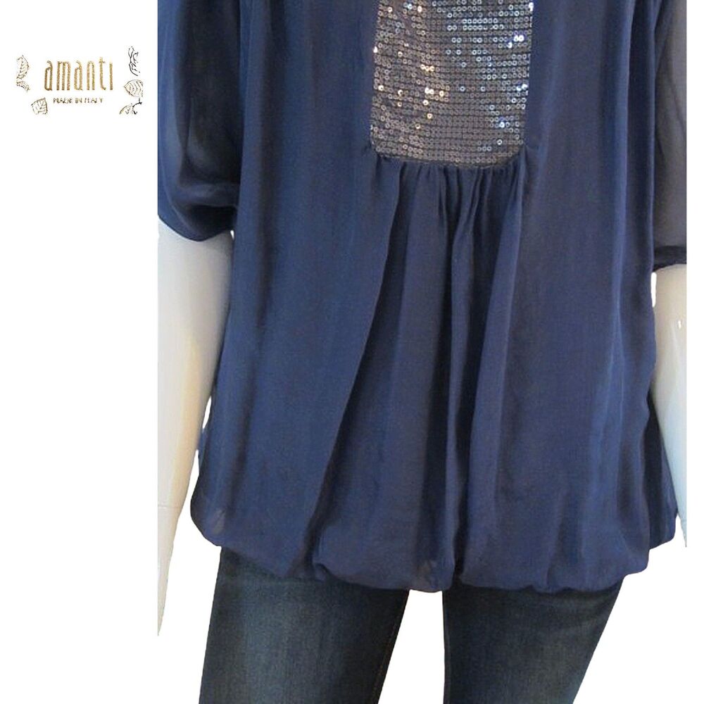 Amanti Italy NWT 100% Silk Sequin Dolman-Sleeve Navy Blouse S – Elegant Evening - Picture 7 of 12